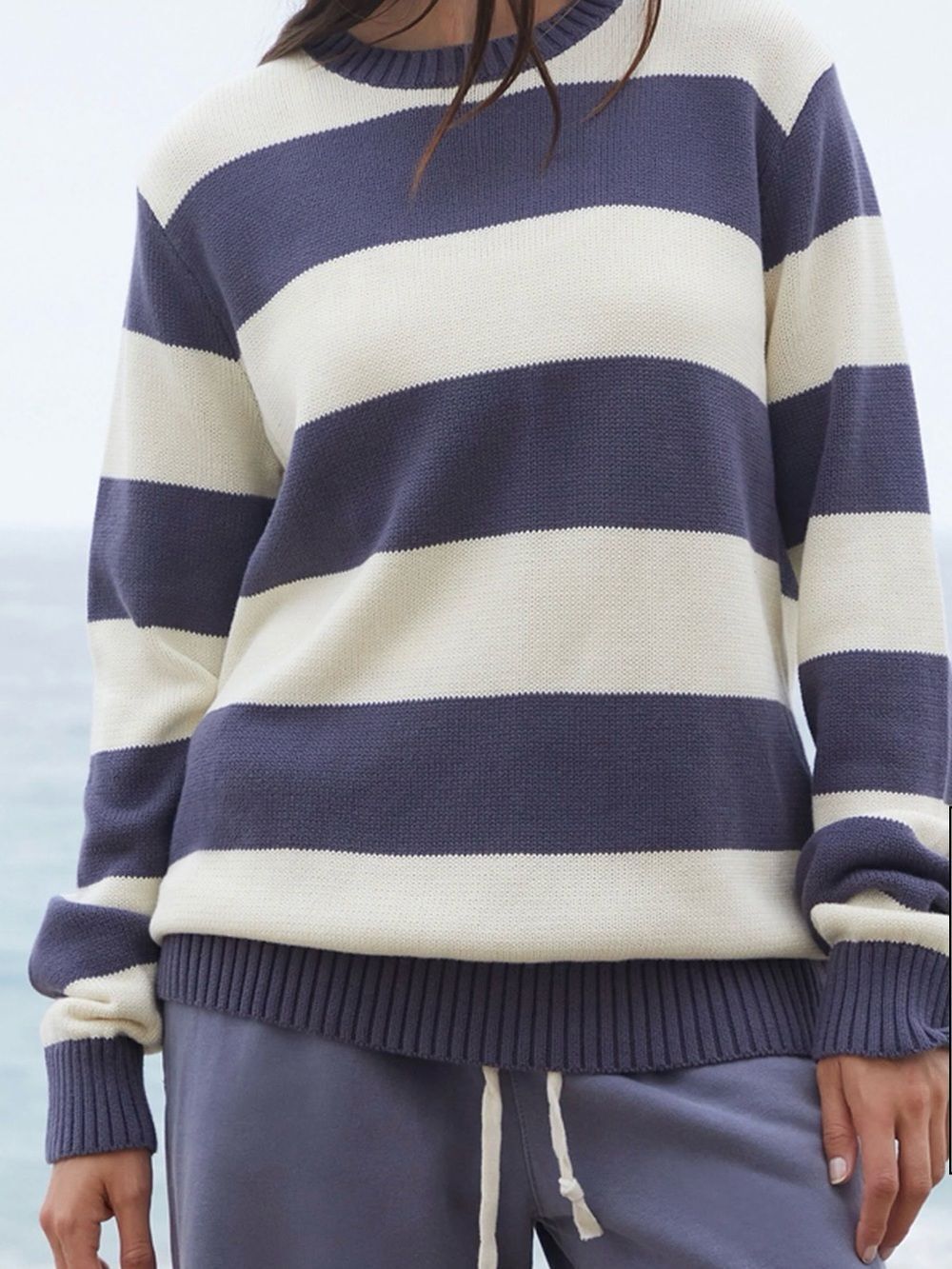 Brandy Melville Navy Cream Striped Cotton Knit Sweater Oversized One Size